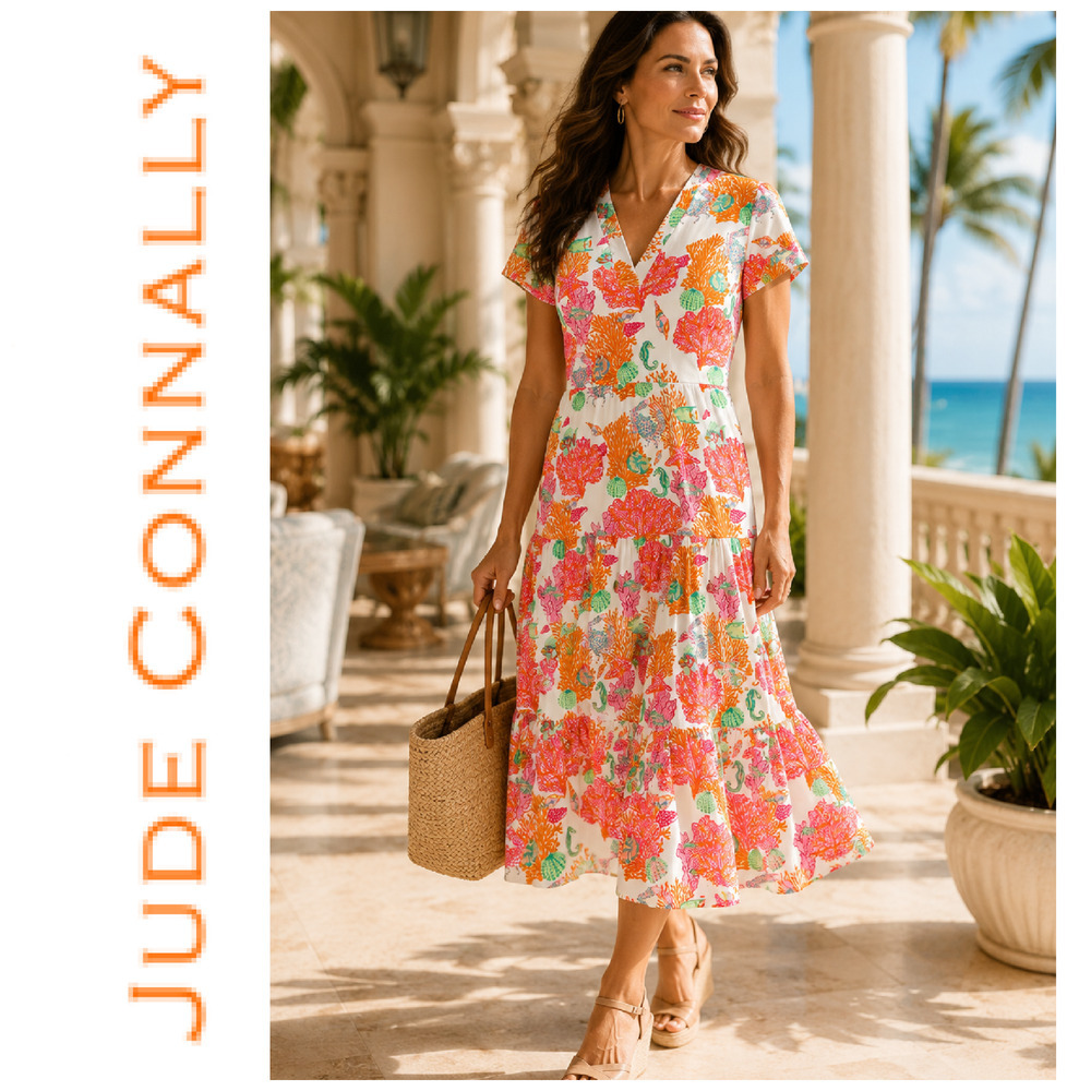 Jude Connally Sea Life Coral Print Dress Size S Tiered Short Sleeve USA Made